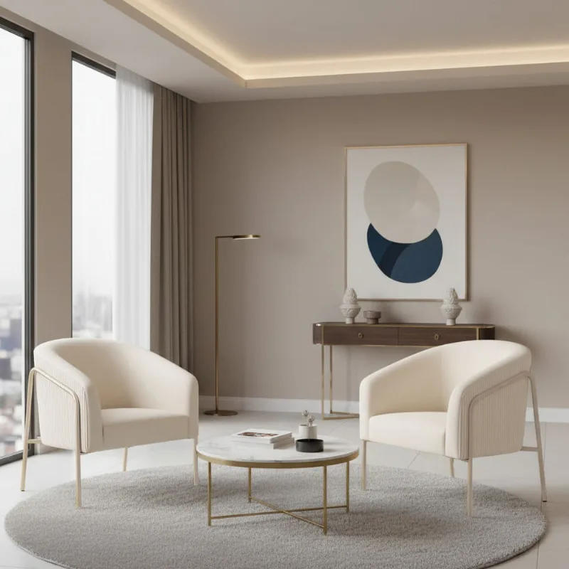 Poltrona Sala Decorativa Kit 2 Stella Base Alta Tubo Champanhe Veludo Cotelê D03 - D'Rossi Bege