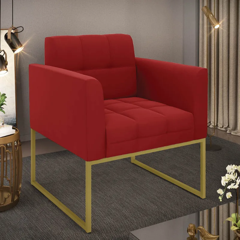 Poltrona Sala Decorativa Elisa Base Industrial Dourada Veludo Marsala D03 - D'Rossi