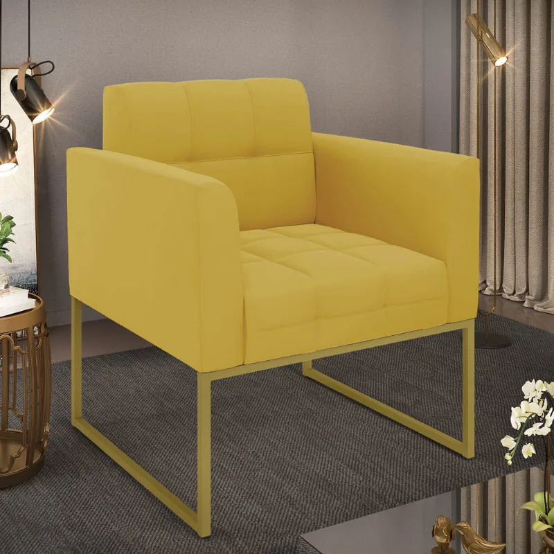 Poltrona Sala Decorativa Elisa Pé de Aço Lateral Dourado Veludo Mostarda D03 - D'Rossi