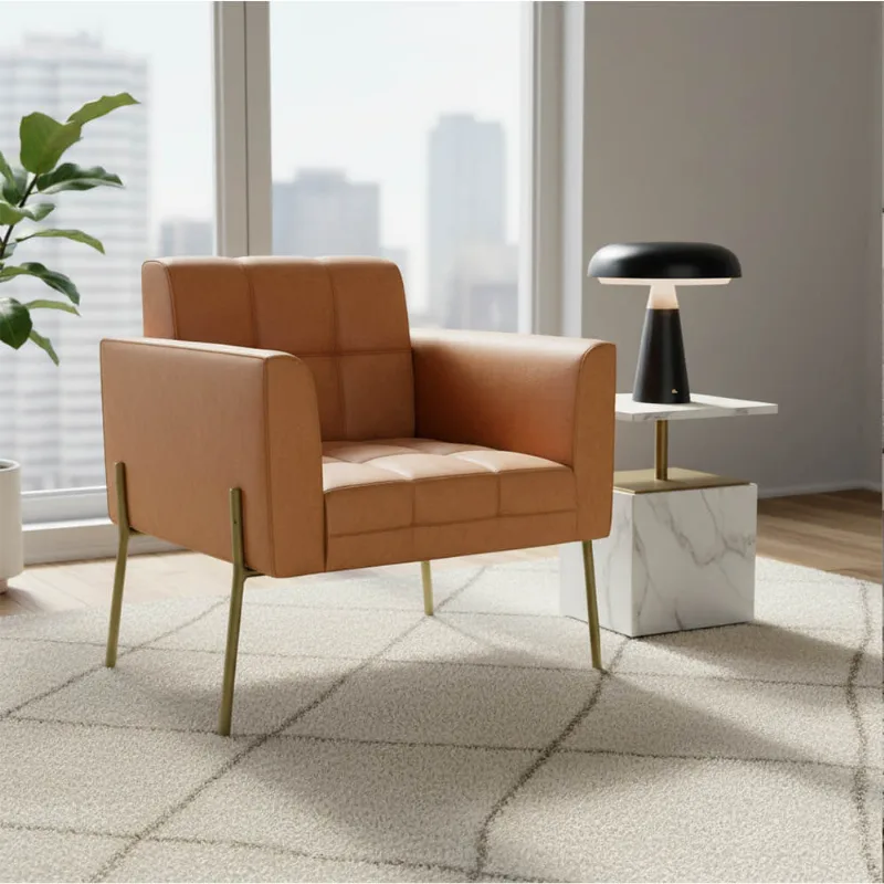Poltrona Sala Decorativa Elisa Pé de Aço Lateral Dourado Sintético PU Whisky D03 - D'Rossi