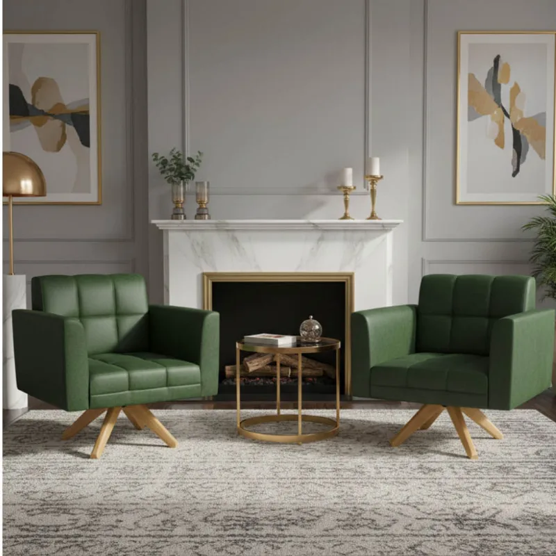 Poltrona Sala Decorativa Kit 2 Elisa Giratória Castanho MA30 Sintético PU Verde D03 - D'Rossi