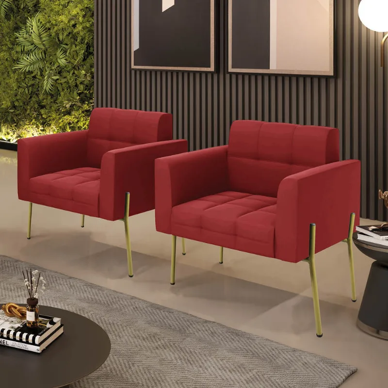 Poltrona Sala Decorativa Kit 2 Elisa Pé Aço Lateral Dourado Veludo Marsala D03 - D'Rossi