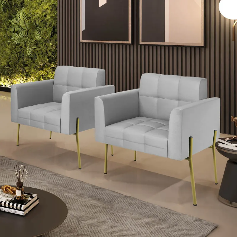 Poltrona Sala Decorativa Kit 2 Elisa Pé Aço Lateral Dourado Sintético Cinza D03 - D'Rossi