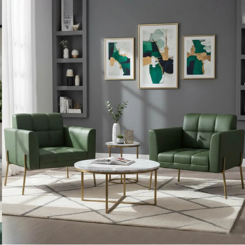 Poltrona Sala Decorativa Kit 2 Elisa Pé Aço Lateral Dourado Sintético PU Verde D03 - D'Rossi