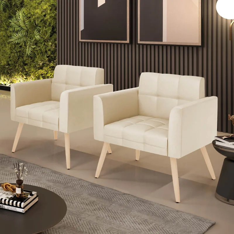 Poltrona Sala Decorativa Kit 2 Elisa Pé Palito Natural Sintético PU Bege D03 - D'Rossi