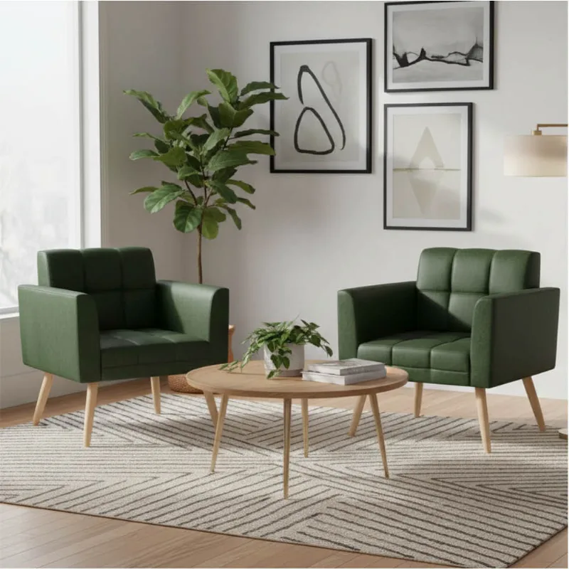 Poltrona Sala Decorativa Kit 2 Elisa Pé Palito Castanho Sintético PU Verde D03 - D'Rossi