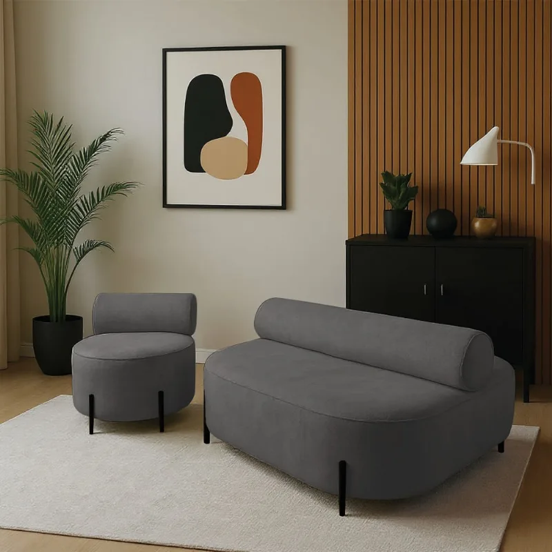 Sofá Sala Ilha Orgânico e 1 Poltrona 125cm Éden Pé Aço Preto Bouclê Grafite E03 - D'Rossi