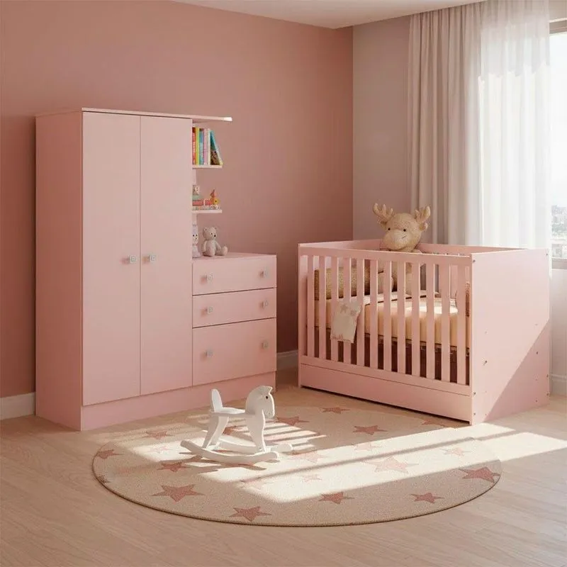 Quarto De Bebê Berço Vira Cama E Roupeiro Doce Sonho Mdp Colchão Não Incluso Rosa Qmovi 74cm