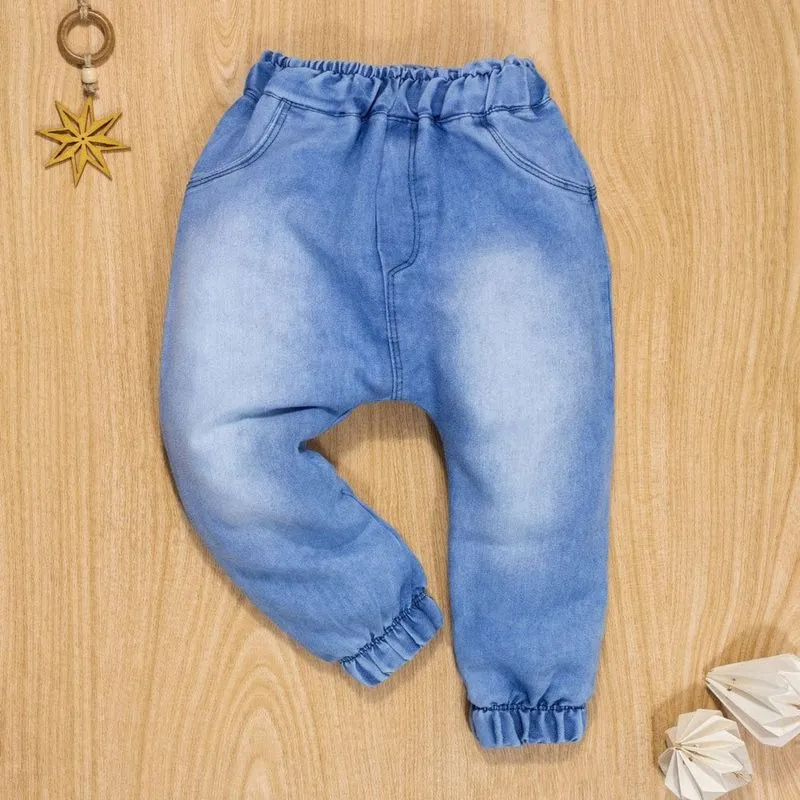 Calça Para Bebê Jeans Jogger Bolsinho Bordado Azul Claro