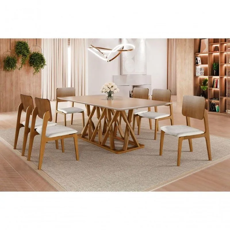 Sala De Jantar Moderna Madeira Maciça 6 Cadeiras 1,80x0,90m - Quartzo - Harmonia Salas