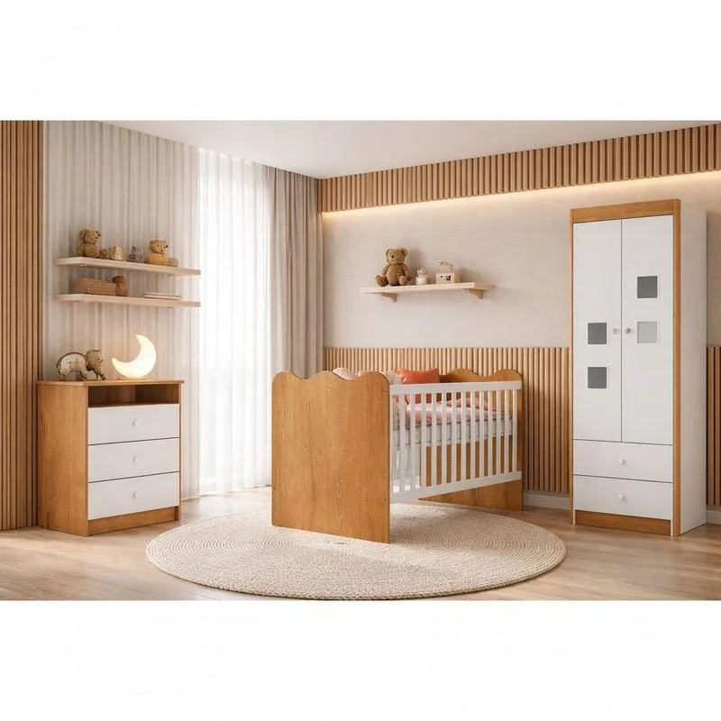 Quarto Infantil Completo Algodão Com Berço Que Vira Cama Em Mdf Com Guarda-roupa 2 Portas 5 Gavetas