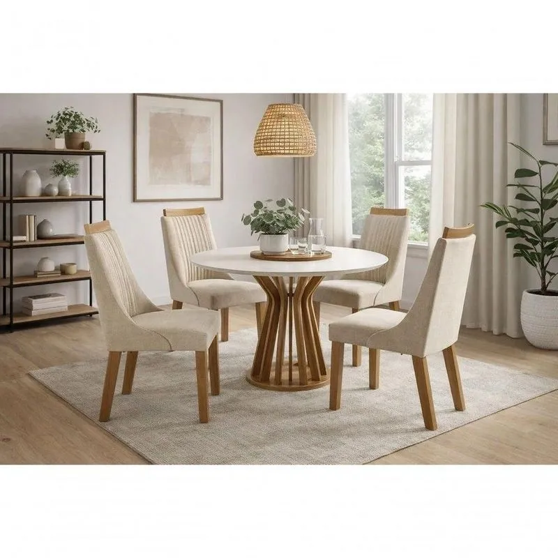 Conjunto de Jantar Dublin 4 Lugares Mesa Redonda Vidro Temperado Off White 1,10m Domus Parati