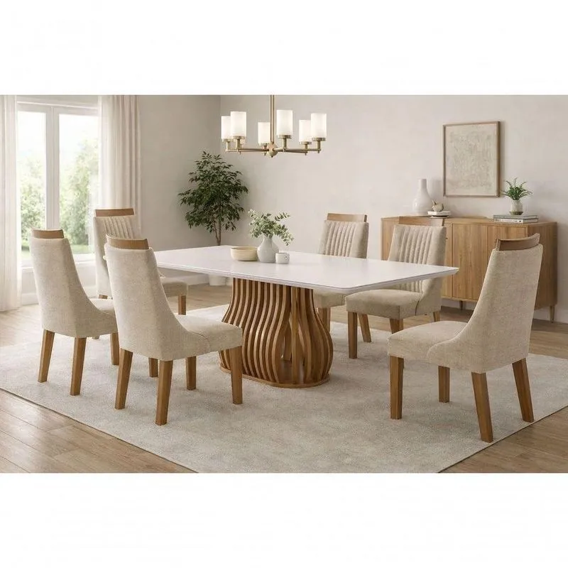 Conjunto De Jantar Harmina 6 Lugares Tampo De Vidro Temperado Mesa 180cm Em Mdf Lj Móveis