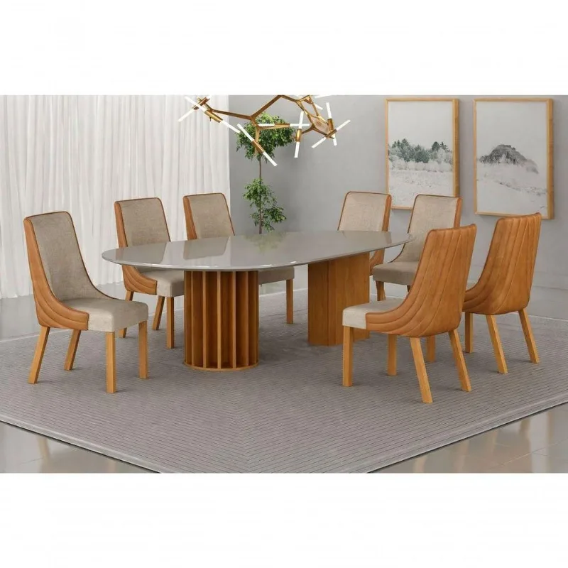 Conjunto de Jantar Pilar Vd 8 Lugares Tampo de Vidro com Cadeiras Terracota Arbo