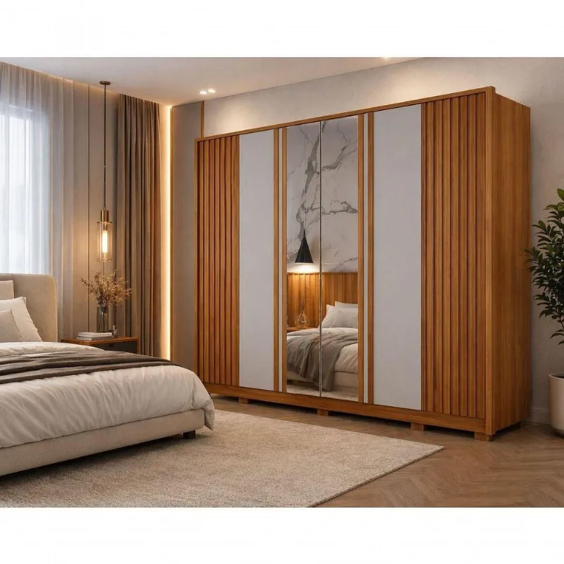Guarda Roupa Casal Premium 6 Portas Giratórias 6 Gavetas Mdf Cinamomo Off White Espelhado Arbo