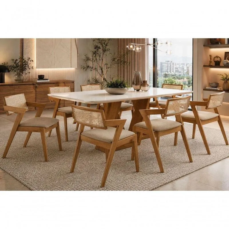 Conjunto de Jantar Oslo 8 Lugares Madeira Maciça Tampo em Vidro Sobre MDF Canela Off White