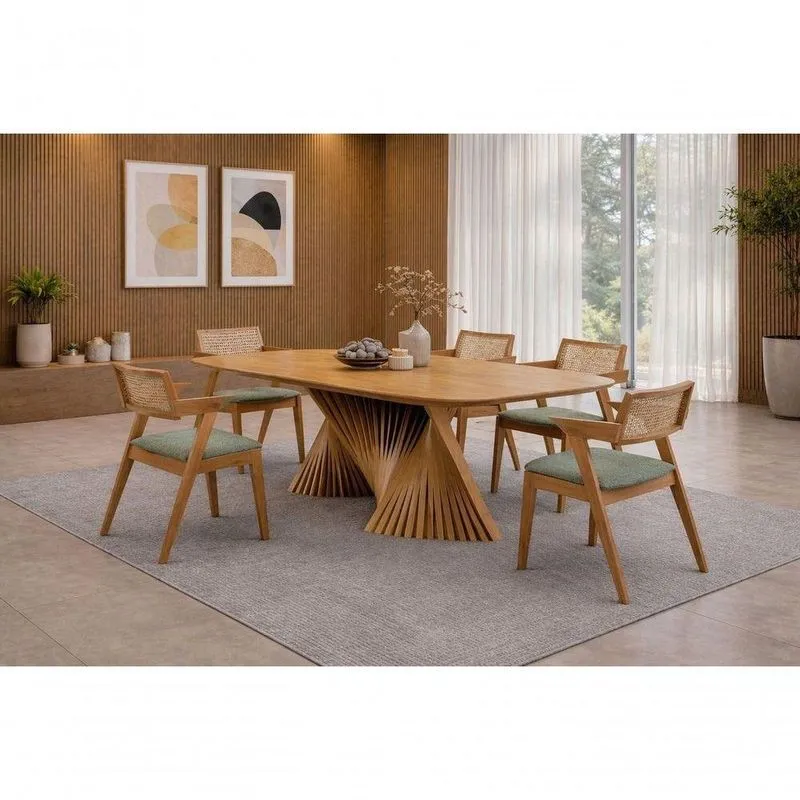 Conjunto De Jantar Opala 6 Lugares Tampo Em MDF Com Assento Estofado Mel 180cm Sala Nobre