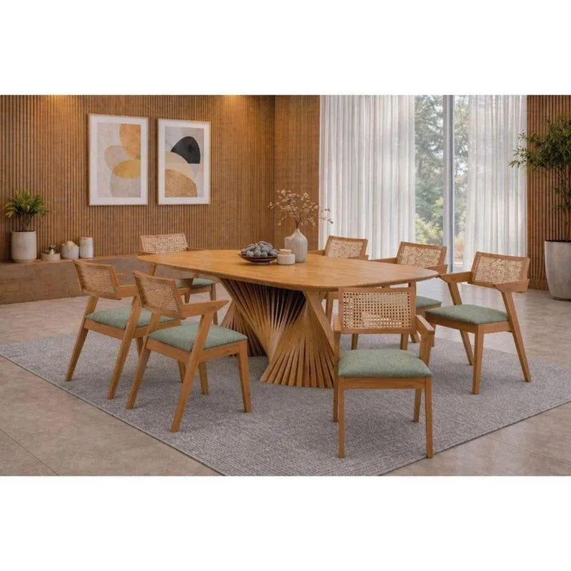 Conjunto De Jantar Opala 8 Lugares Tampo Em MDF Com Estrutura Em Madeira Maciça Mel 220cm Sala Nobre