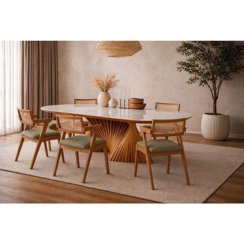 Conjunto De Sala De Jantar Opala 6 Lugares Tampo Em Vidro Com Cadeiras Estofadas Verde Oliva 160cm