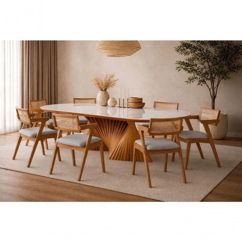 Sala De Jantar Opala 8 Lugares Tampo Em Vidro Base Escultural Cinza 200cm Sala Nobre