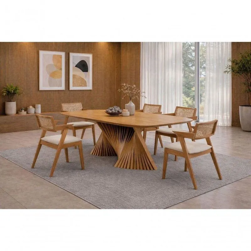 Conjunto De Jantar Opala 6 Lugares Tampo MDF Design Torcido Mel 180cm Sala Nobre