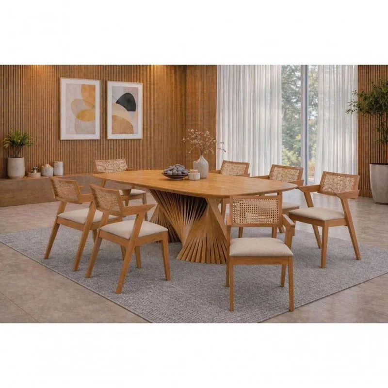 Conjunto De Jantar Opala 8 Lugares Tampo Em MDF Com Design Torcido Amadeirado 220cm