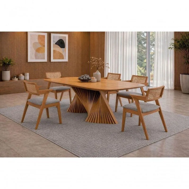 Conjunto De Jantar Opala 6 Lugares Tampo Em Mdf Com Design Torcido 180cm Sala Nobre