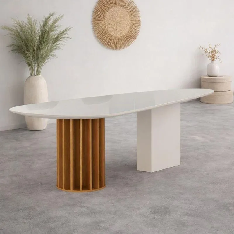 Mesa De Jantar 2 Torres 2x1 6 Lugares Orgânico Mdf Com Vidro Off White 200cm Arbo Design