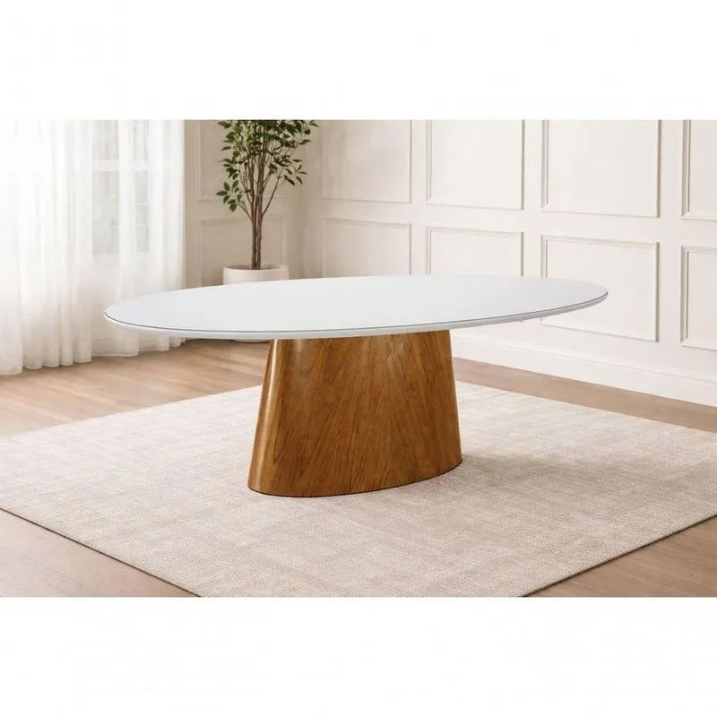 Mesa De Jantar Atenas 6 Lugares Oval Vidro Off White E Cinamomo Canela