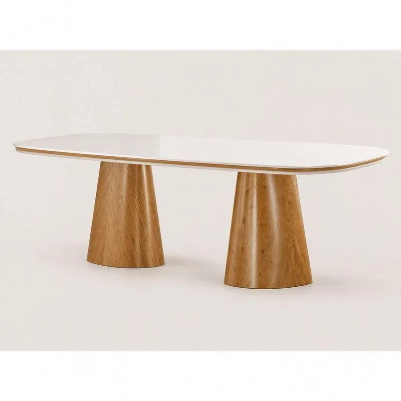 Mesa De Jantar Noronha 8 Lugares Retangular Vidro 180cm Amadeirado E Off White
