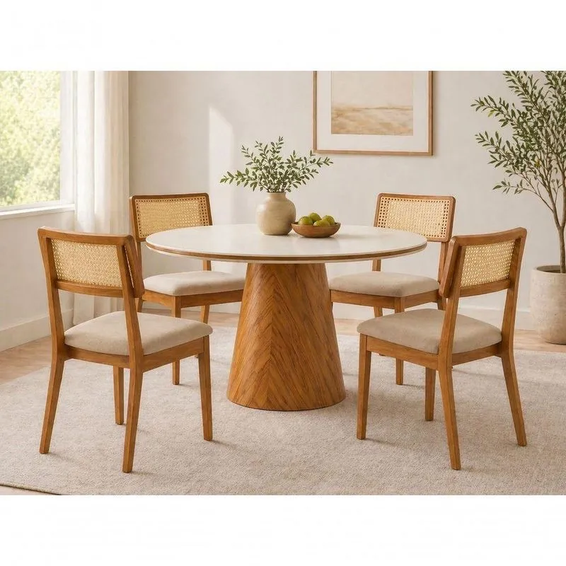 Sala De Jantar Toscana 4 Lugares Tampo Mdf Com Vidro Cadeiras Madeira Maciça Courino Bege 110cm