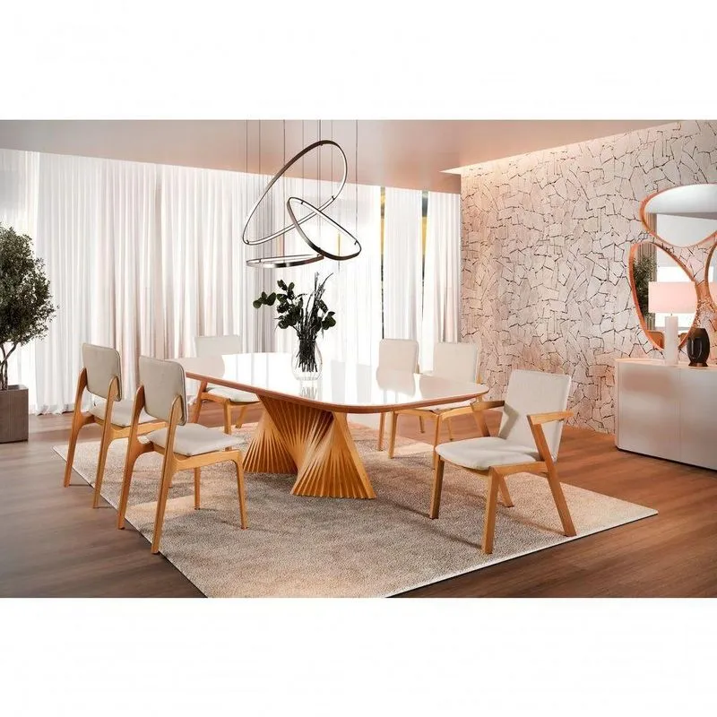 Sala De Jantar Prestige 6 Lugares Tampo Mdf Cadeiras Tela Espuma D-23 Amadeirado 180cm Harmonia