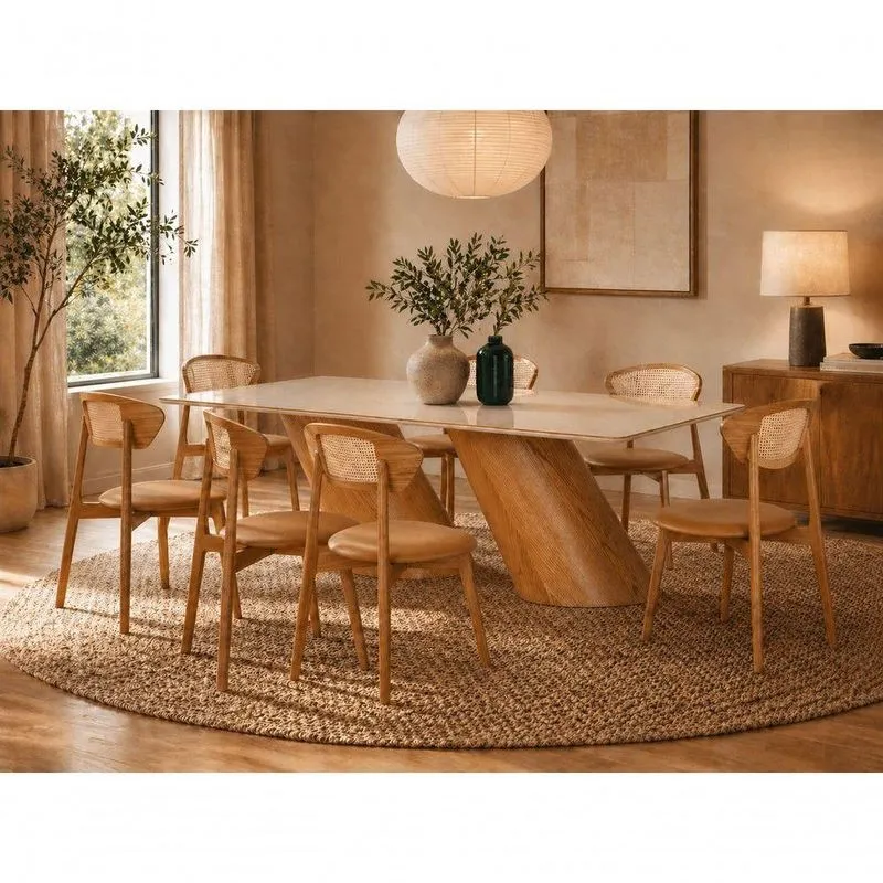 Sala De Jantar Orion 8 Lugares Tampo Em Vidro Cadeiras Estofadas Courino Caramelo 110cm Imperial