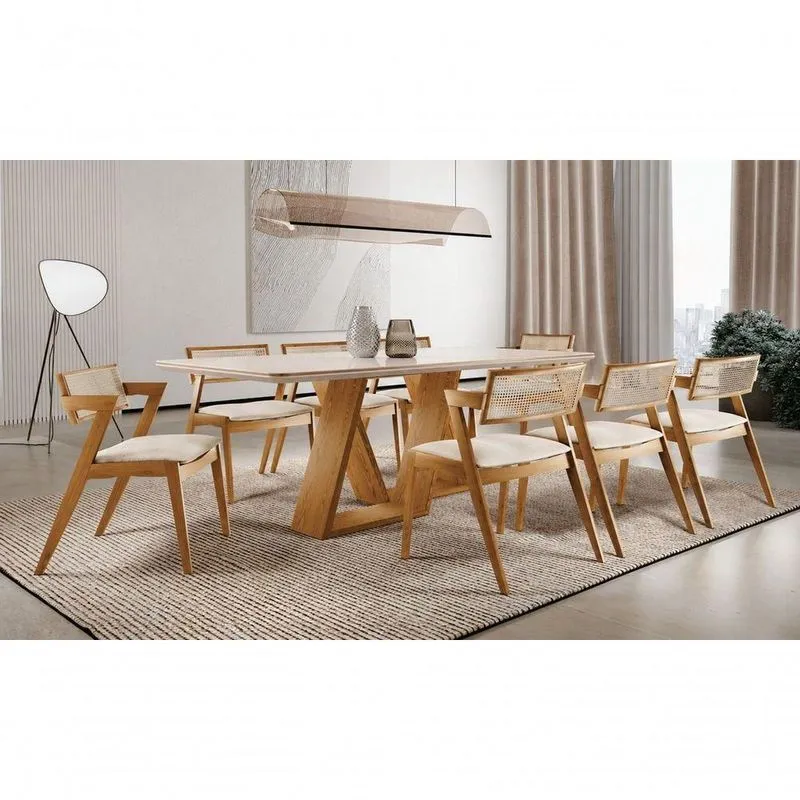 Sala De Jantar Oslo 8 Lugares Tampo Em Vidro Com Cadeiras Madeira Maciça Linho Cru 220cm