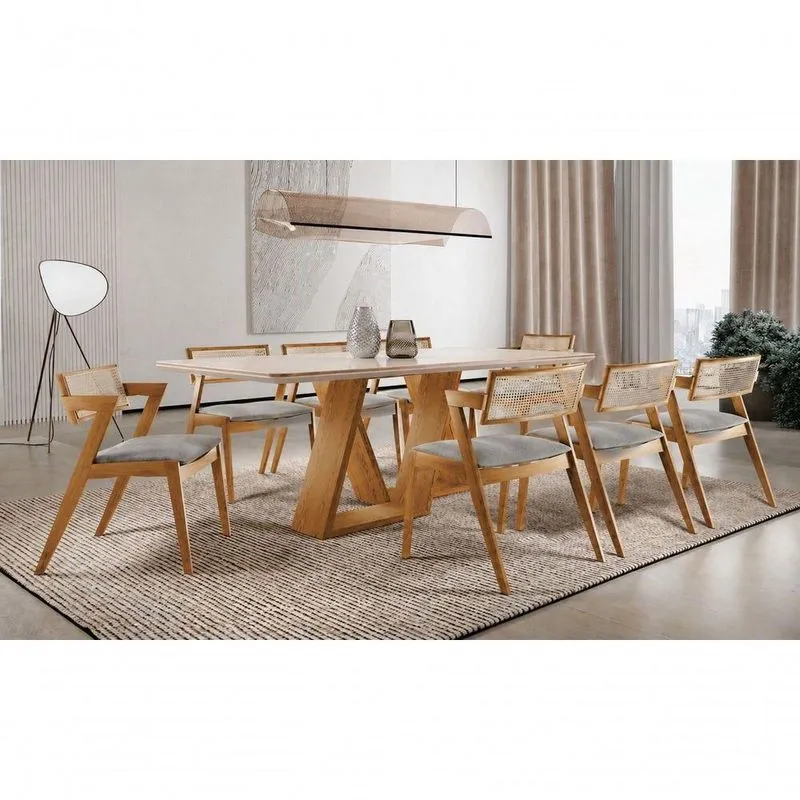 Sala De Jantar Oslo 8 Lugares Tampo Em Vidro Com Cadeiras Linho Cinza 200cm Imperial Móveis