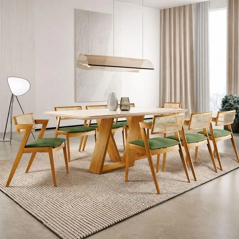 Sala De Jantar Oslo 8 Lugares Tampo Em Vidro Tecido Linho Verde Oliva 200cm Imperial Móveis