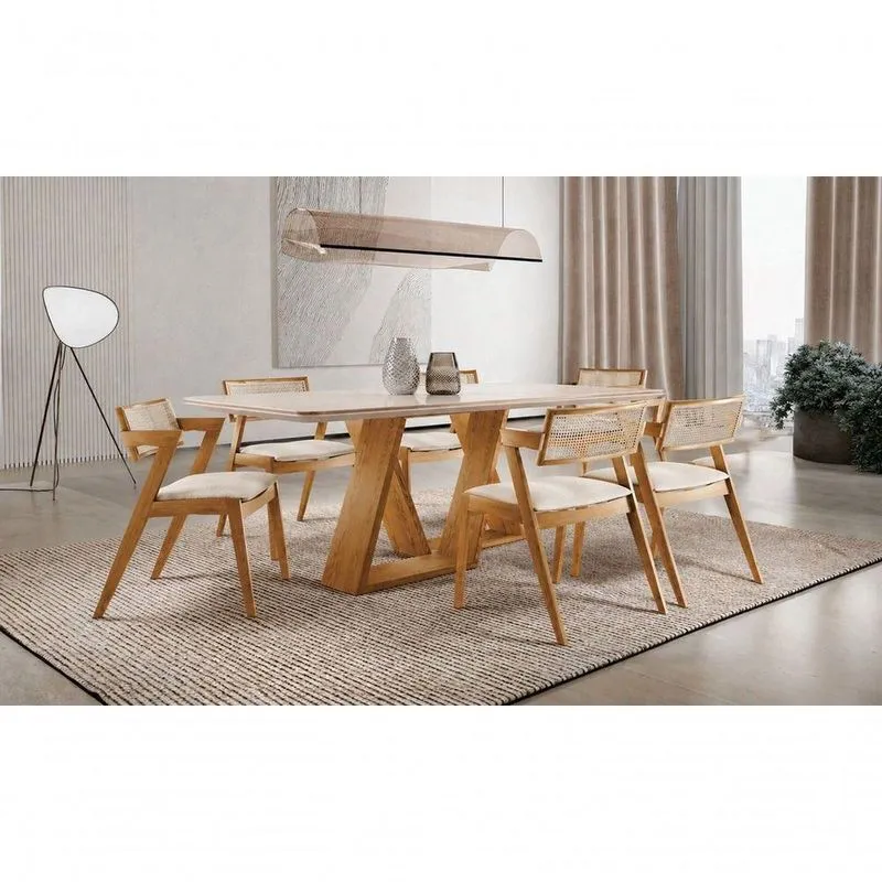 Conjunto De Jantar Oslo 6 Lugares Tampo Em Vidro Com Cadeiras Em Madeira Maciça Linho Cru 180cm
