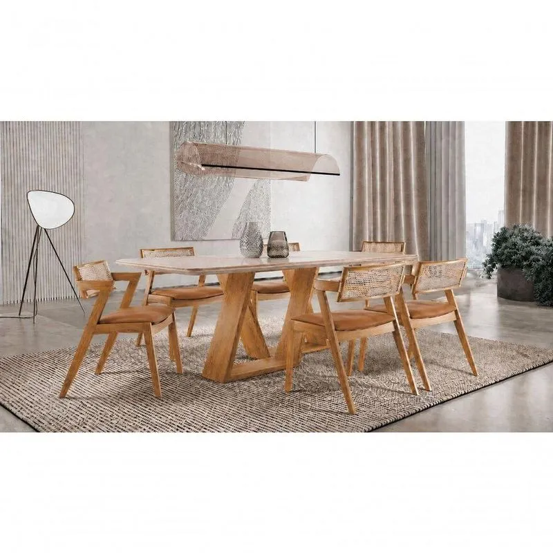 Conjunto De Jantar Oslo 6 Lugares Tampo Em Vidro Com Cadeiras Em Madeira Maciça Caramelo 180cm