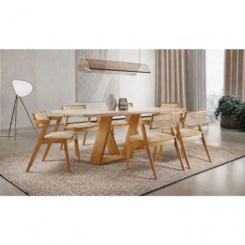 Conjunto De Jantar Oslo 6 Lugares Tampo Em Vidro Com Cadeiras Em Aço E Tecido Courino Bege 180cm