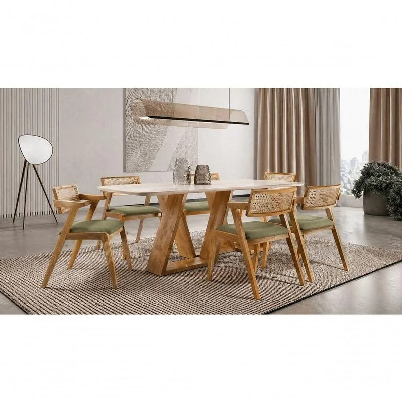 Sala De Jantar Oslo 6 Lugares Tampo Em Vidro Com Cadeiras Em Linho Verde Oliva 160cm