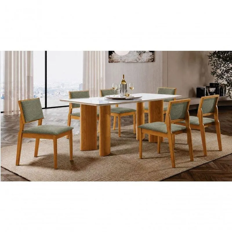 Sala De Jantar Shophie 6 Lugares Tampo Em Vidro Com Cadeiras Estofadas Verde Oliva 180cm Imperial