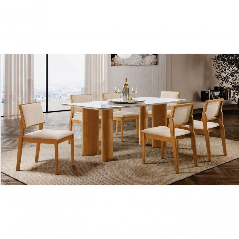 Sala De Jantar Sophie 6 Lugares Tampo Em Vidro Com Cadeiras Estofadas Em Linho Café 180cm