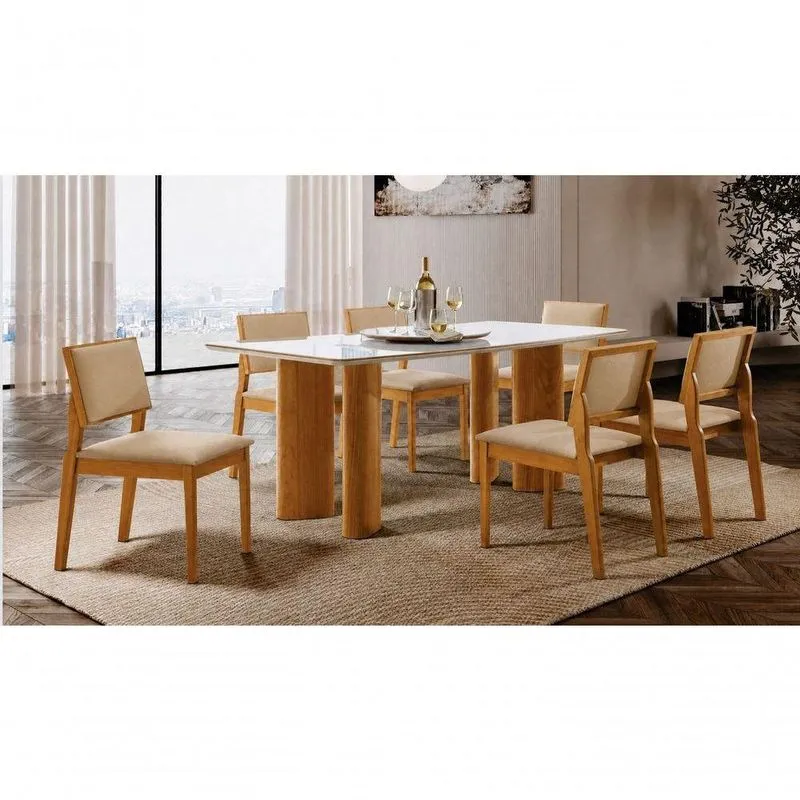 Sala De Jantar Sophie 6 Lugares Tampo Em Vidro Courino Bege 180cm Imperial Móveis