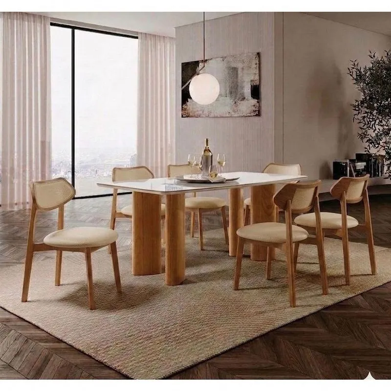 Sala De Jantar Sophie 6 Lugares Tampo Em Vidro Cadeiras Estofadas Bege 180cm Imperial Móveis