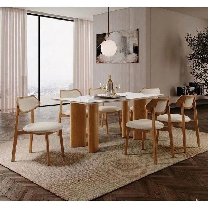 Sala De Jantar Cristal 6 Lugares Tampo Em Vidro Estofadas Linho Crú 180cm Imperial Móveis