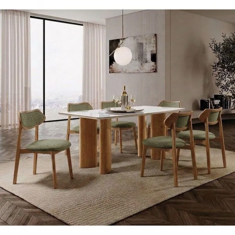 Conjunto Sala De Jantar Cristal 6 Lugares Tampo Em Vidro Com Cadeiras Estofadas Café 180cm Imperial