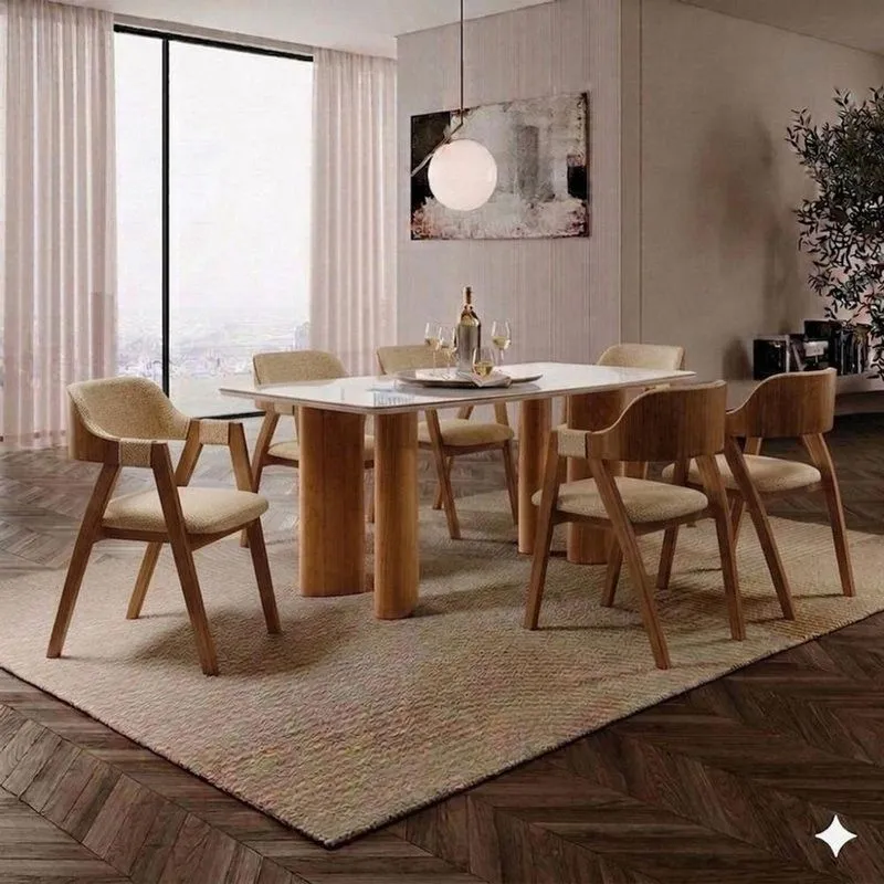Sala De Jantar Bella 6 Lugares Tampo Em Vidro Cadeiras Estofadas Linho Bege 180cm Imperial Móveis