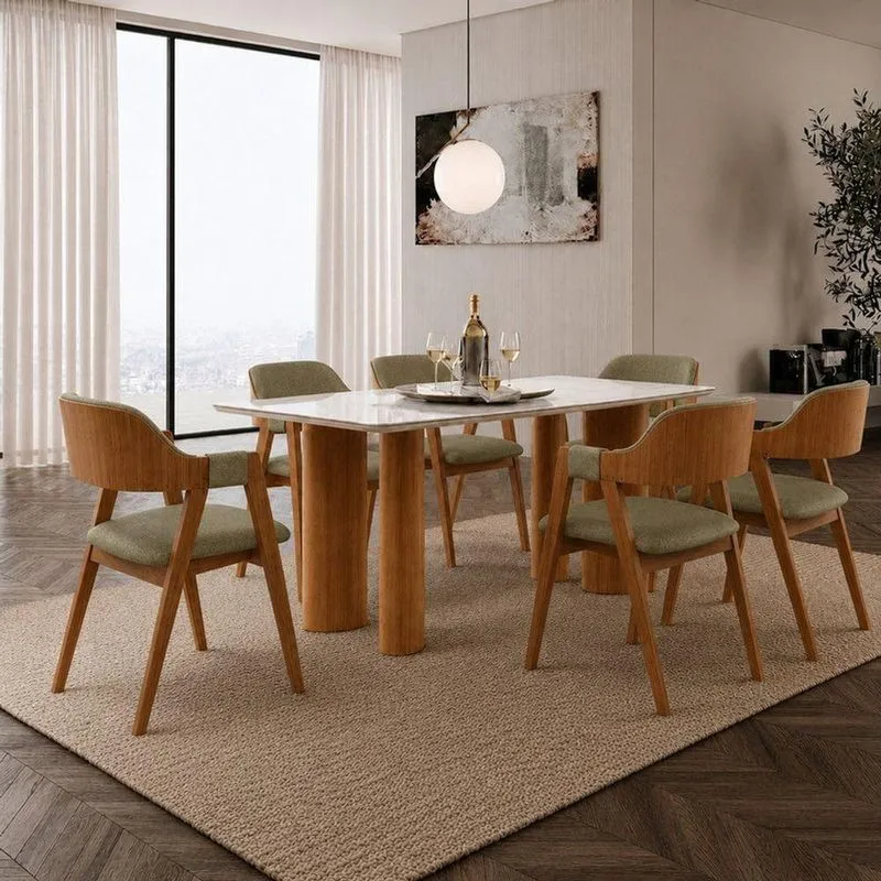 Sala De Jantar Bella 6 Lugares Tampo Em Vidro Com Cadeiras Estofadas Verde Oliva 180cm Imperial