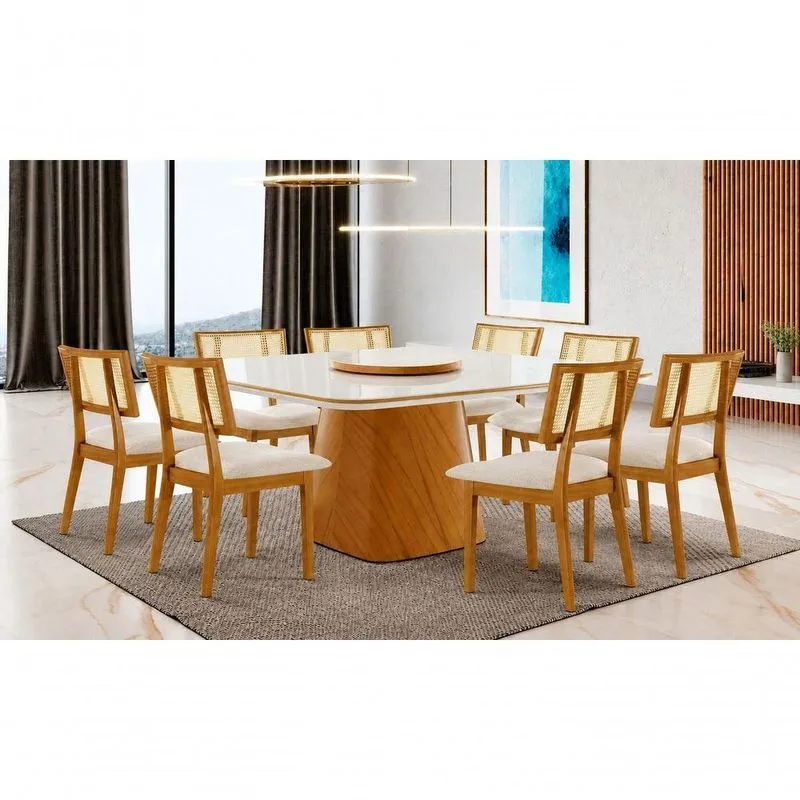 Sala De Jantar Dubai 8 Lugares Tampo Em Vidro Canela E Off White 135cm Imperial Móveis