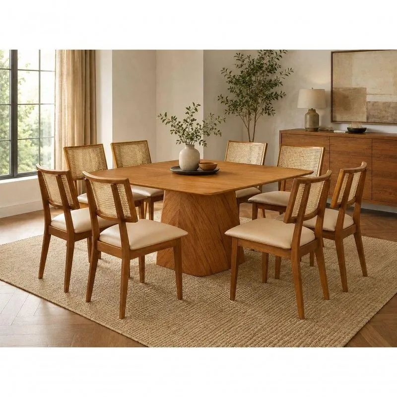 Sala De Jantar Dubai 8 Lugares Tampo Em Mdf Canela Tecido Courino Bege 135cm Imperial Móveis